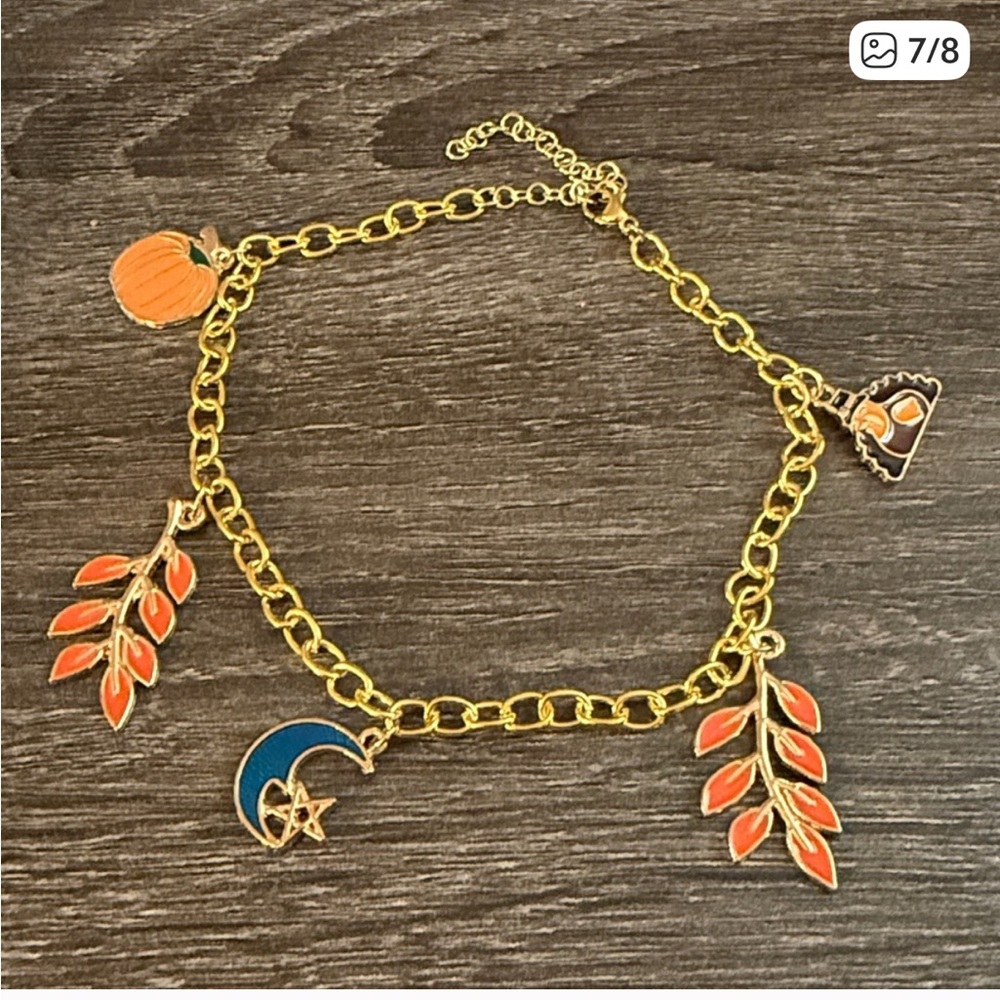 New Set of 2 Handmade Fall Charm Bracelets Pumpkin Leaf & Acorn
